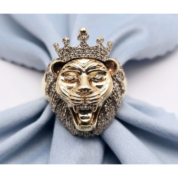 Unique 10K Solid Yellow Gold Designer Crown Lion Head Diamond Ring - Size 11.50 - Picture 1 of 15